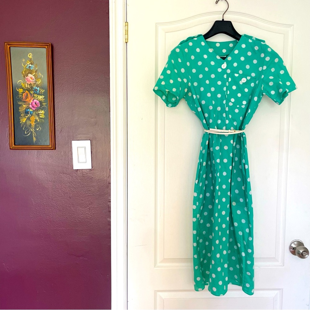 Vintage cotton tea dress or garden dress green with white polka dots